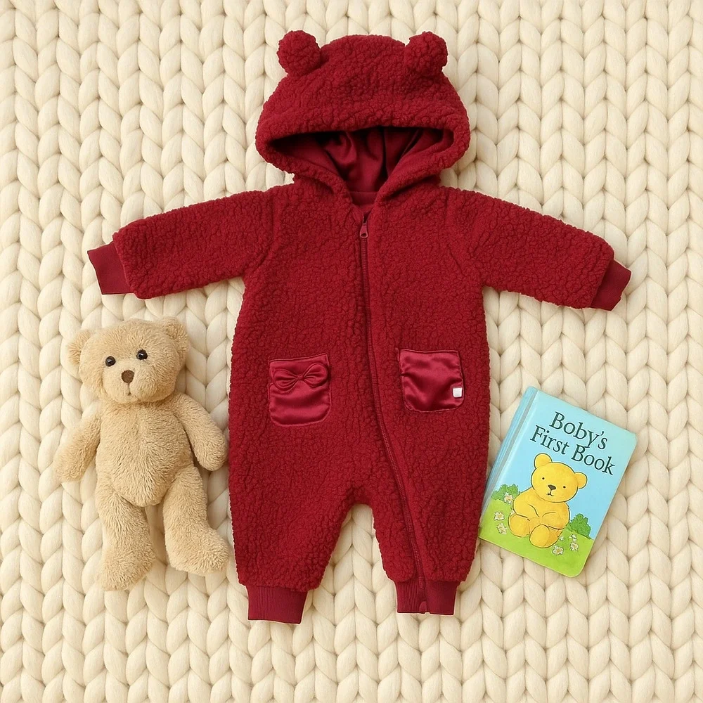 7 For All Mankind Faux Shearling Hooded Coverall | Cranberry Red | Size 0-3M